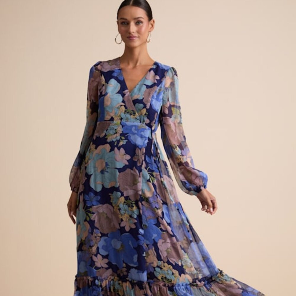 Lulus Feeling Sweet Navy Floral Print Long Sleeve Wrap Maxi Dress Blue - Size S